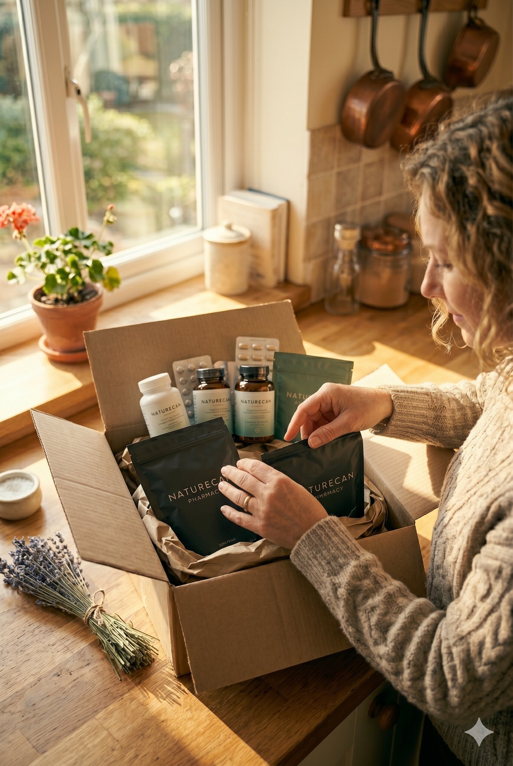 Photograph of a woman receiving their parcels and opening the box, instead is two pouches that say naturecan pharmacy on them. Pouches are black Warm, domestic. The package is discreet — no visible branding or labels readable to camera. Natural colours, soft contrast. Feeling: relief, normality, privacy